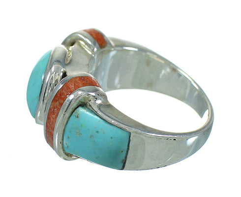 Southwest Sterling Silver Apple Coral And Turquoise Inlay Ring Size 5-1/4 AX82299